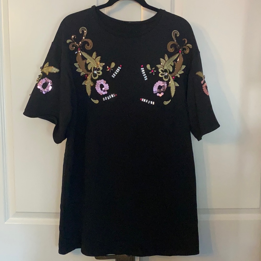 Zara Black Mini Dress with Gold Embroidery and Pink Sequin Accents